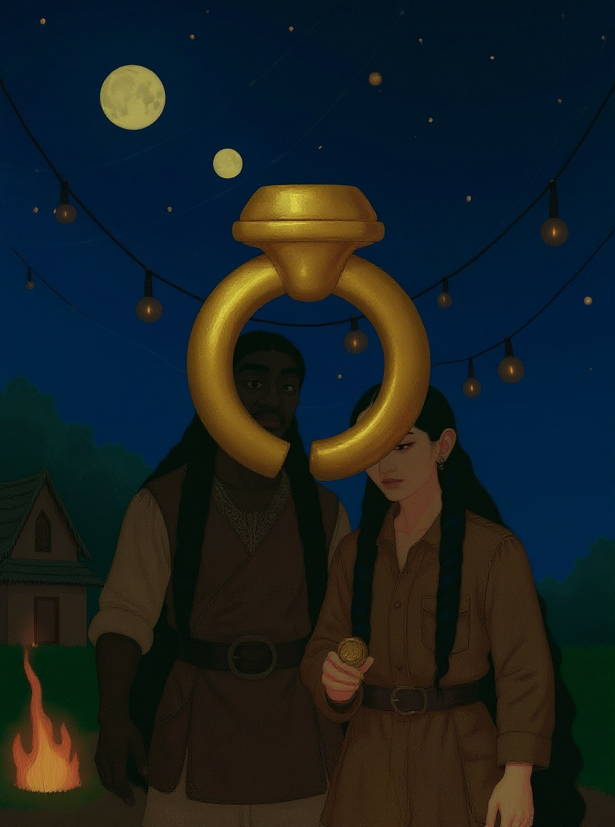 The empty sky above the erased village, only the gold ring held up in silhouette.