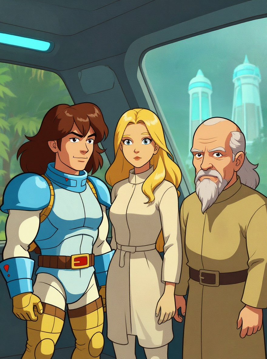 Inside the Amphibian's glowing control room, Questar, Serena, and Mind-Zei (elderly bald man with white beard and light armor robes) cluster around a console casting blue light. The viewport shows a flash of a futuristic city—glass towers, no dinosaurs.