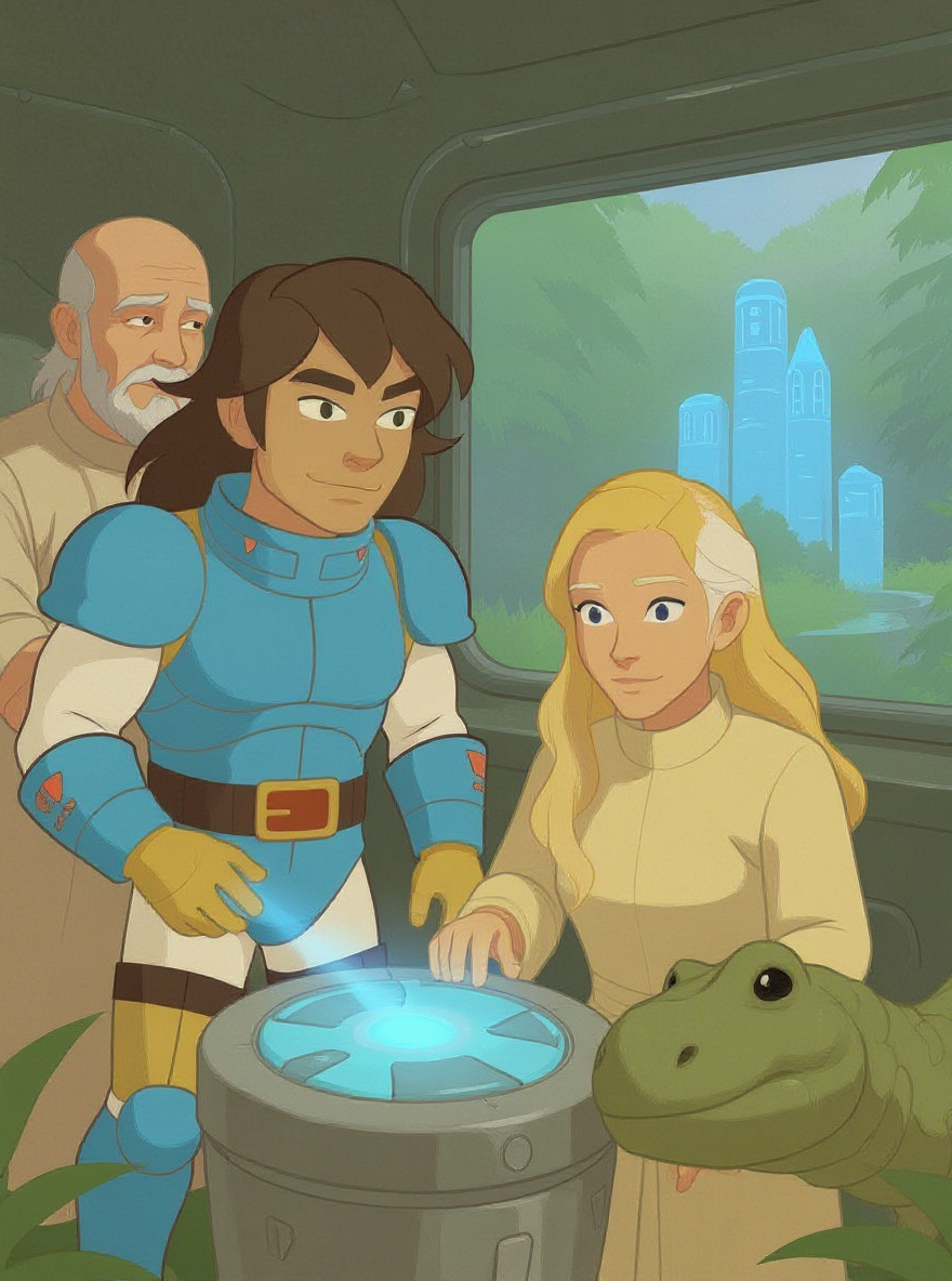Inside the Amphibian, Questar slams a control, the blue future city winking out to jungle. Serena and Mind-Zei stand behind him—Serena relieved, Mind-Zei approving. Panel framed from behind the control panel, all three faces visible.