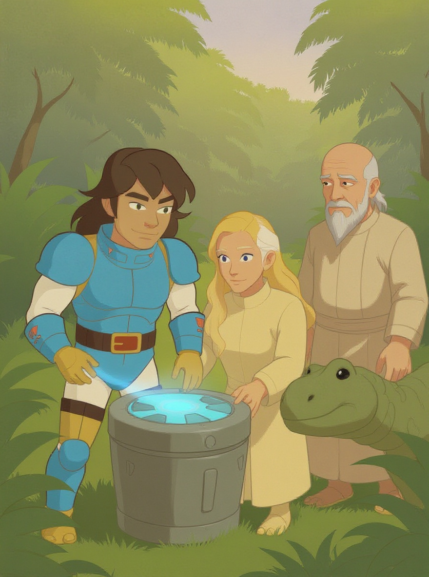 Outside, jungle tranquil again. Questar, Serena, and Mind-Zei step out from the Amphibian, sunlight on their faces. Armored dinosaurs graze nearby. Rasp and the Rulons are gone, for now.