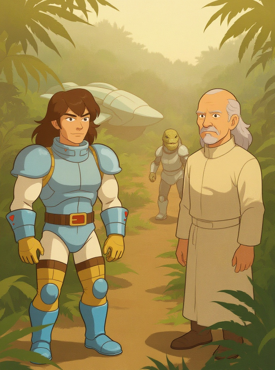 Outside the Amphibian, Rasp (snake-headed Rulon, olive-yellow scales, light armor) leads two reptilian Rulon scouts through ferns, peering at the ship.