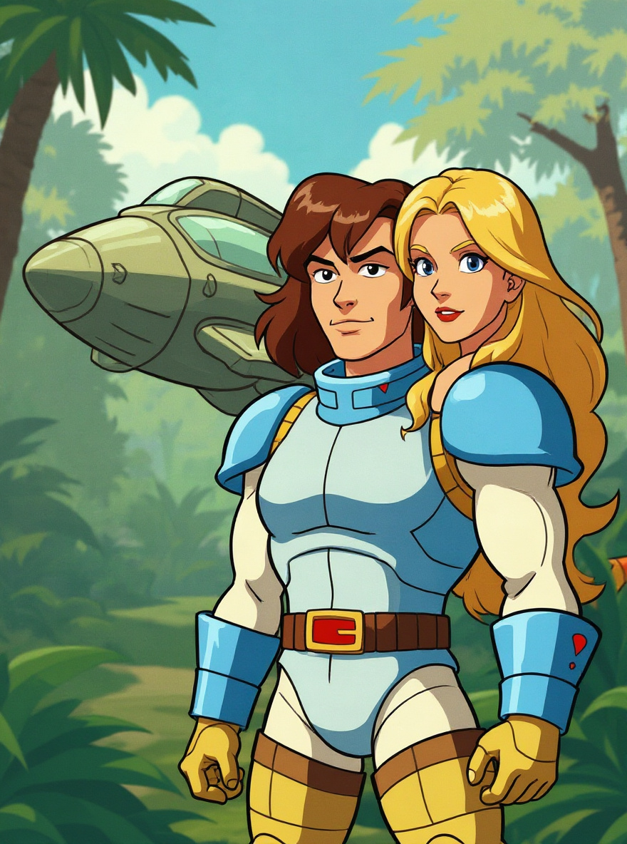 A misty Cretaceous jungle clearing with the gleaming, plastic-armored Amphibian crashed amid ferns. Questar, a handsome, upright man in blue-and-white ceremonial armor with medium-brown hair, stands beside Serena, a gentle-faced blonde woman in paler healer's gear. Early morning sunlight slants through the mist, dinosaurs graze nearby in glossy armor, and the ship pulses with blue light, contrasting with the ochre jungle. Faces are earnest and worried.