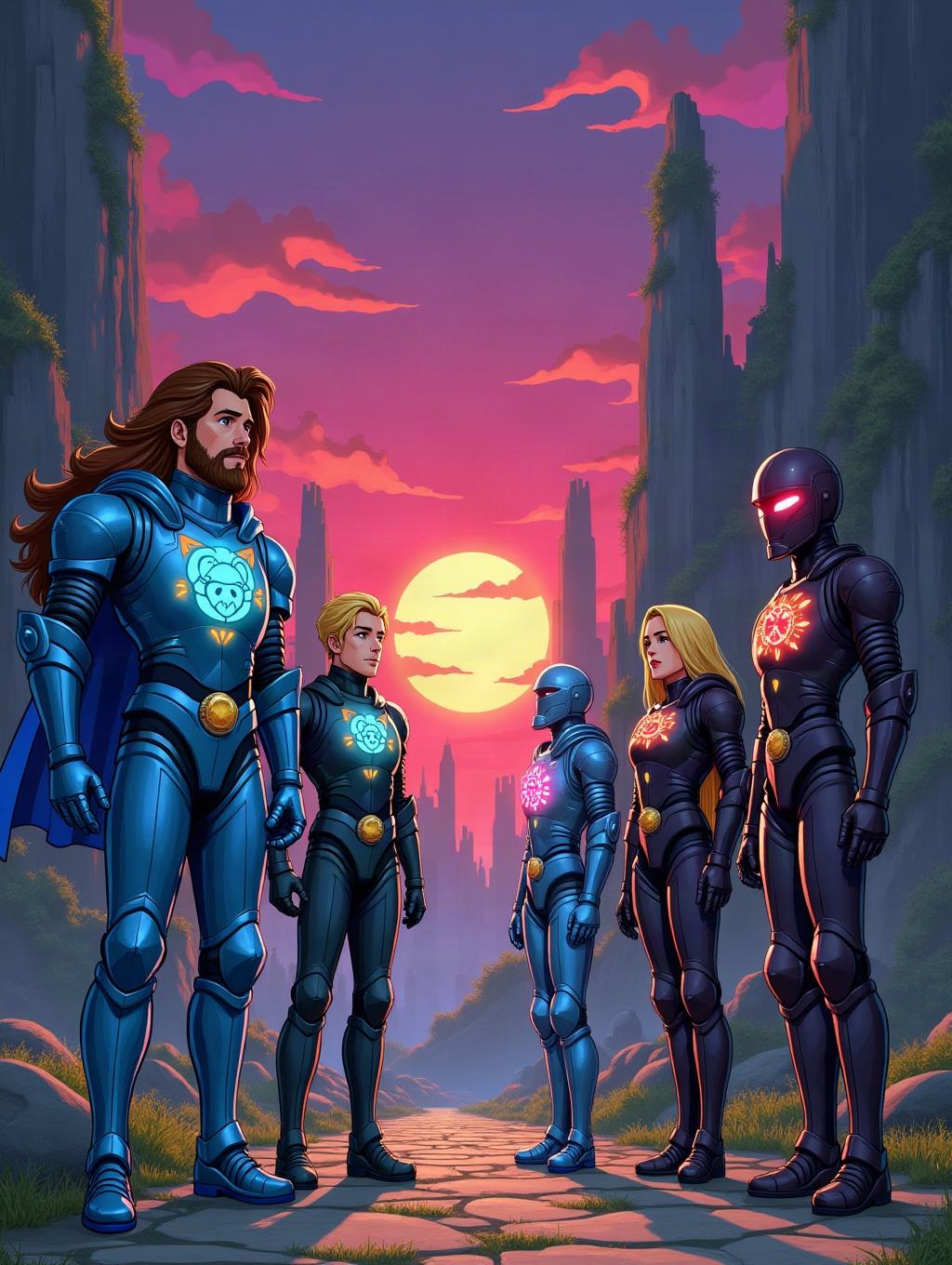 Ruined tech-city Sarnath-Vector at dusk: vine-wrapped towers, flickering neon, Spectral Knights and Darkling Lords facing off under three suns. Hologram animals glow from knight chestplates.
