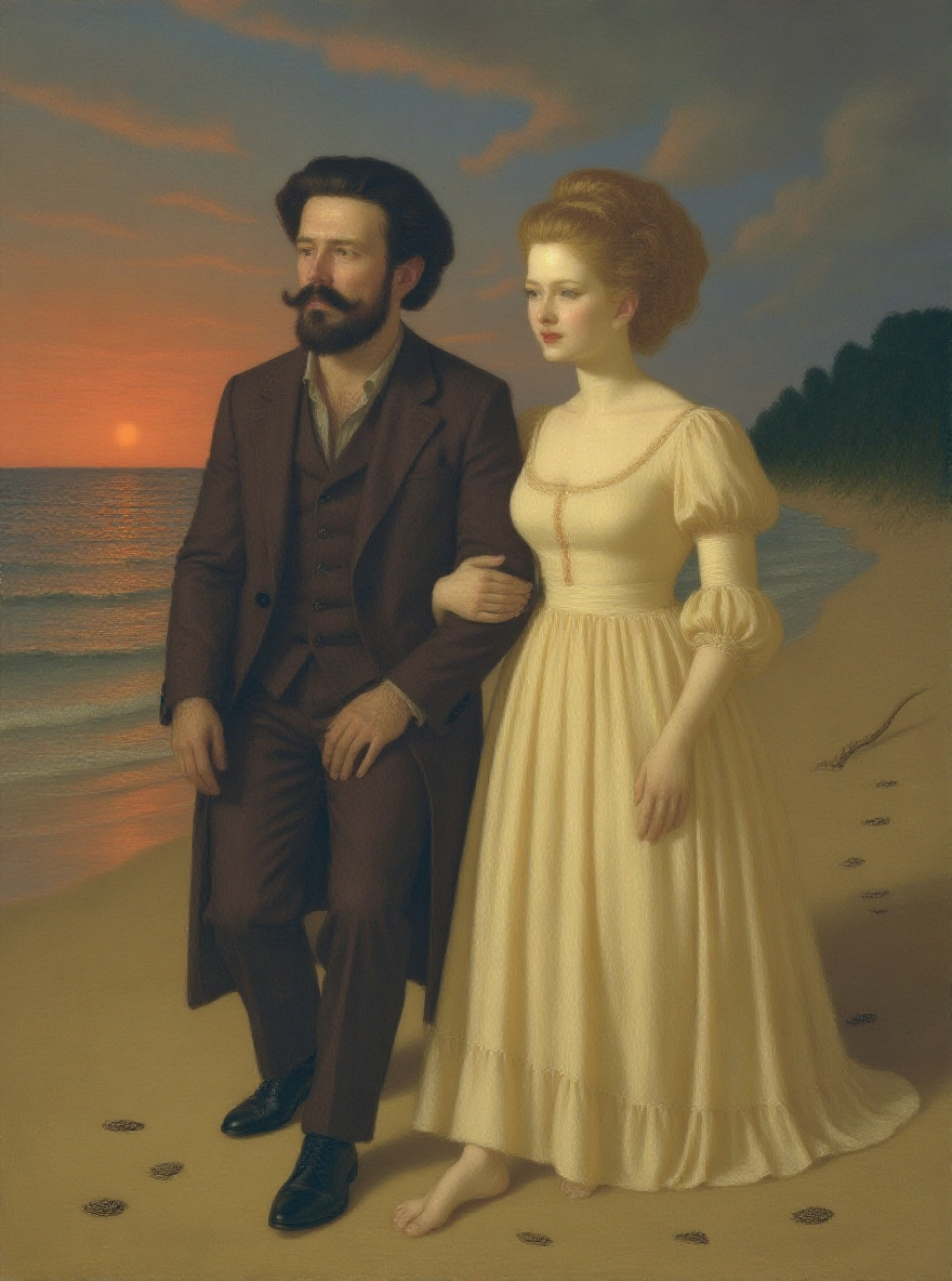 Edna and Adèle stand, brushing sand from their skirts, the last light glimmering on the water behind them. They look at each other, faces soft, the moment between them shimmering with unspoken longing.