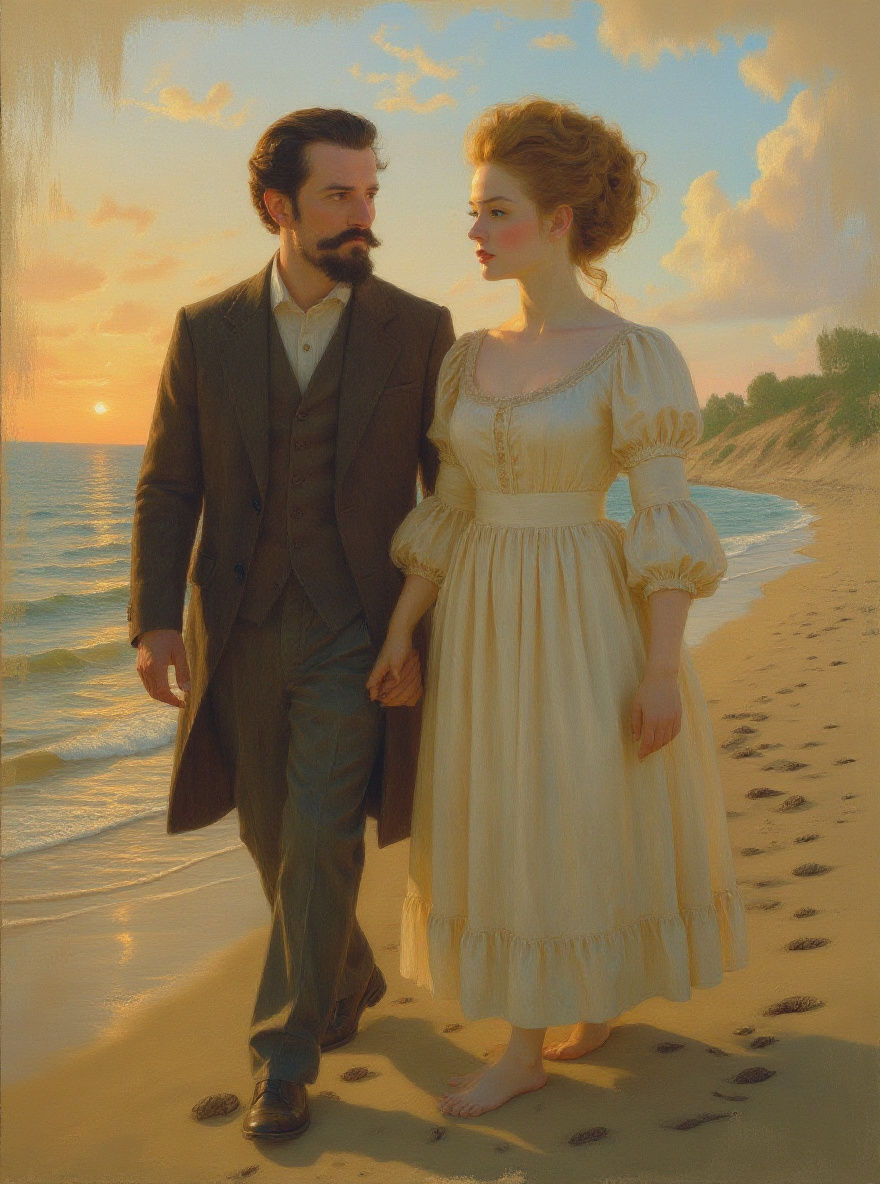 Edna hesitates, looking distantly at the sea while Adèle faces her, concerned.