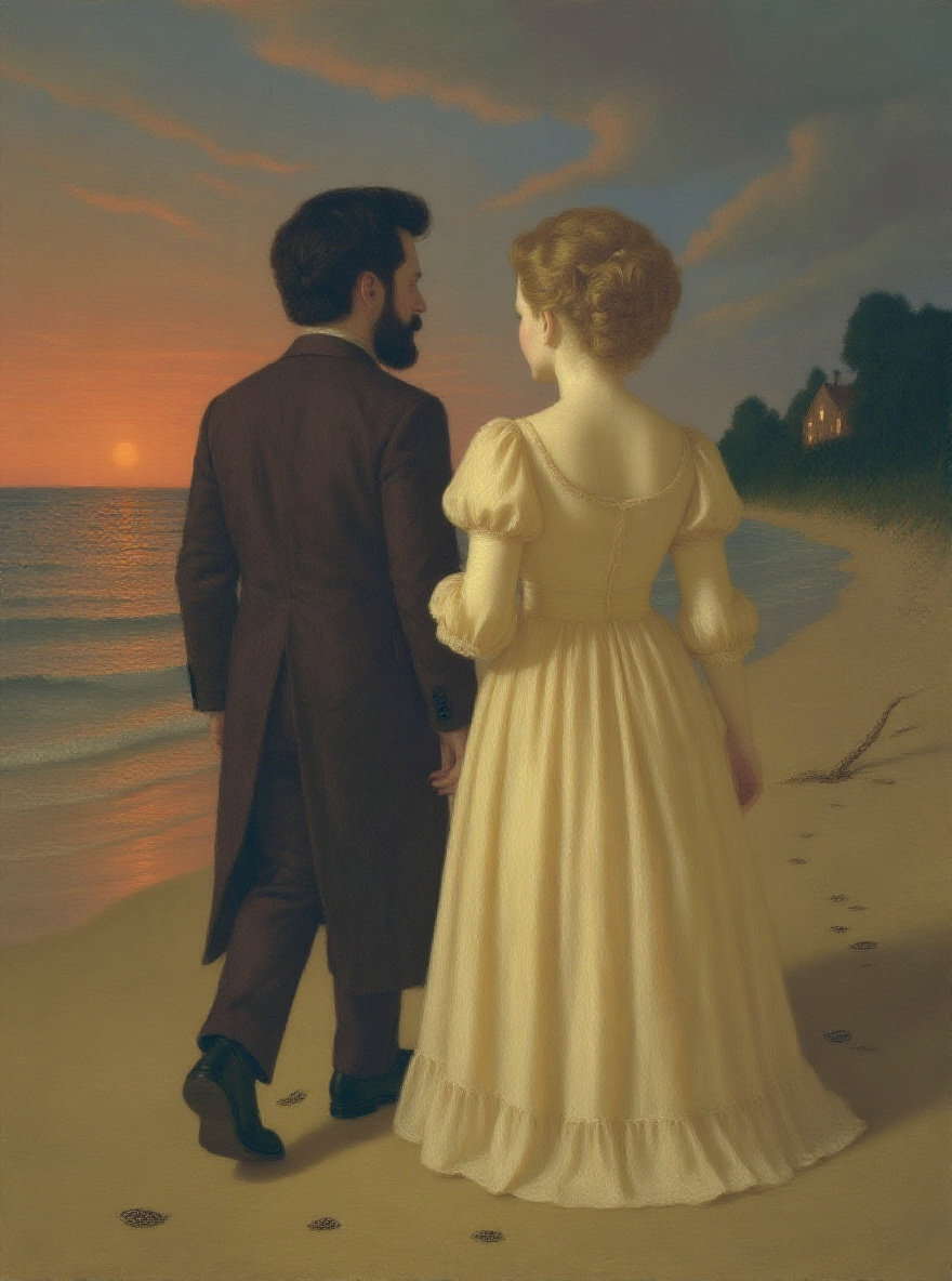 Edna and Adèle walk back toward the house, skirts trailing, backs to the viewer, house lights glowing in the distance.
