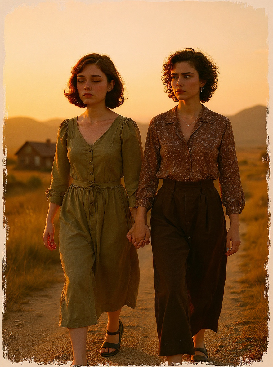 Evie and Suzanne walk a dusty path at sunset, ranch visible in distance, golden haze.
