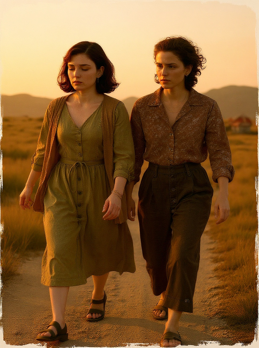 They walk together through the gate toward the ranch, sun low behind them.
