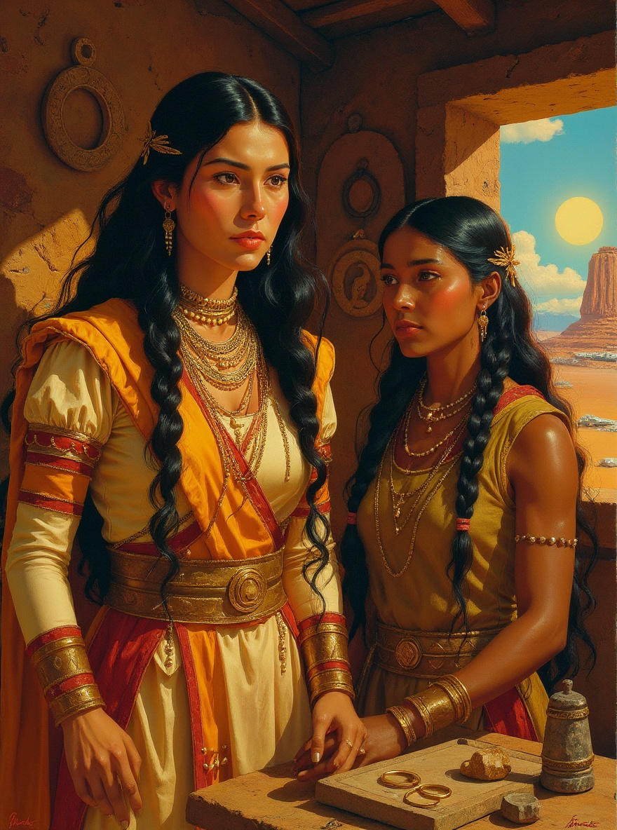The crew enters a home: Earth tokens and local artifacts mix on altars.