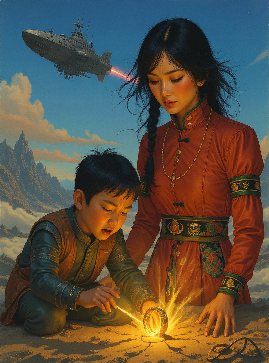 A colonist child traces a forbidden ring in the dust as Song Ching watches.