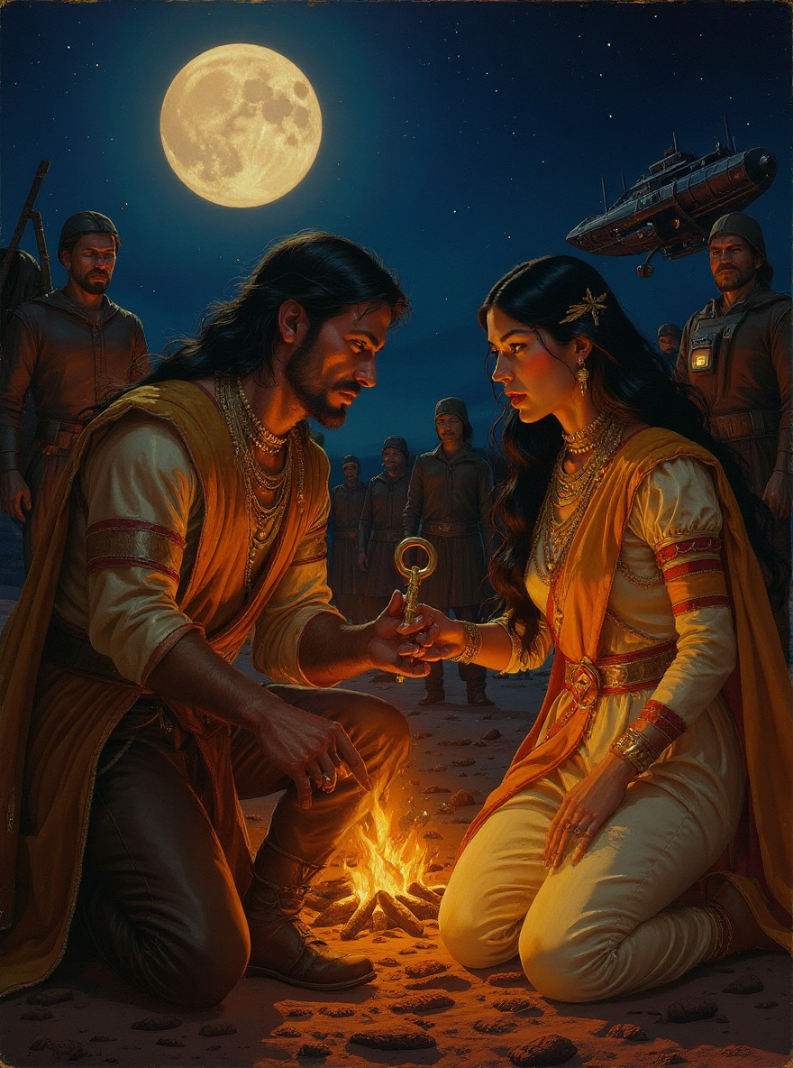 At night by firelight, colonist leader kneels, holding a small gold key.