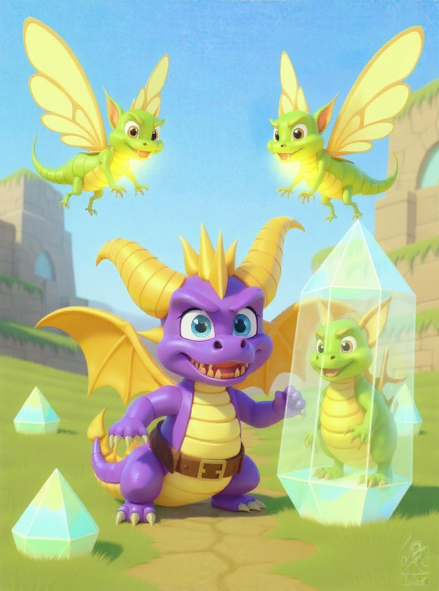 Spyro and Sparx stride away from the crystals toward the open realm, sun at their backs.