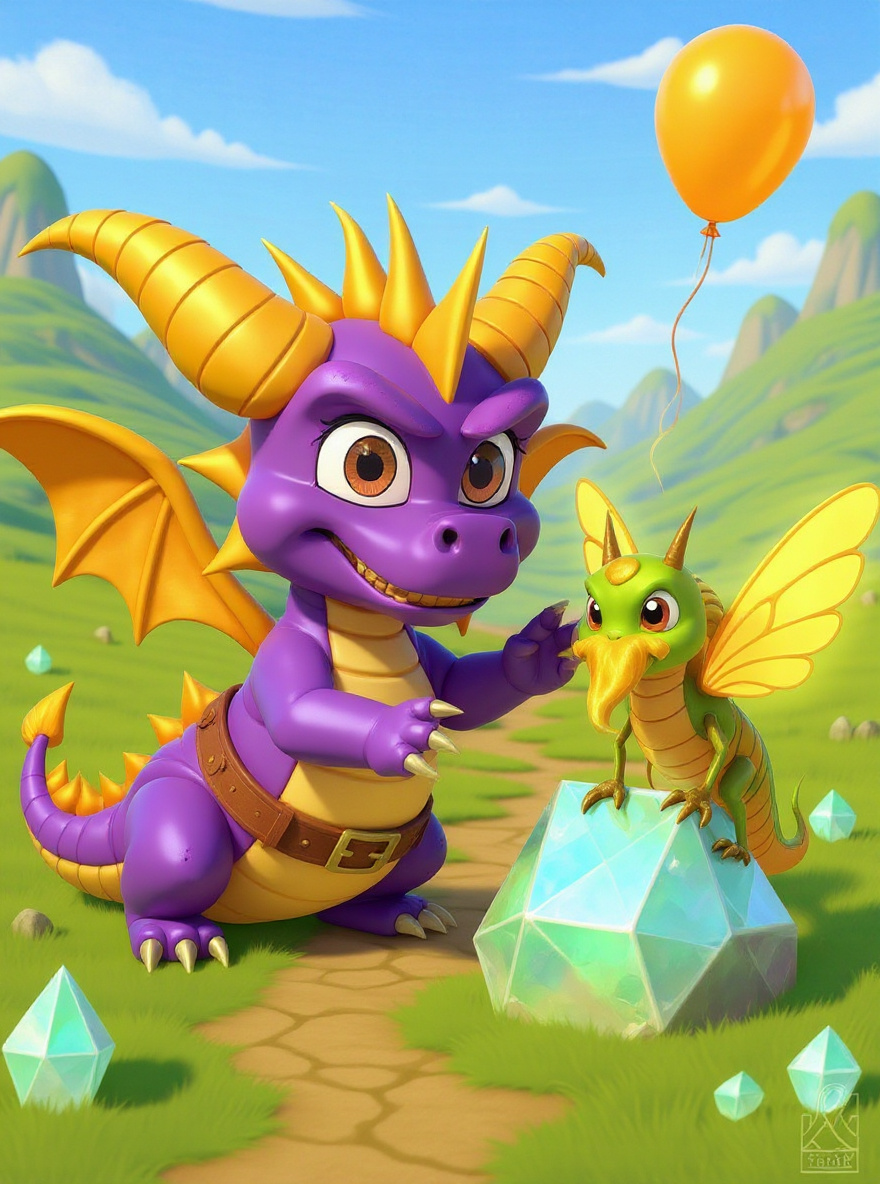 Spyro gently touches Delbin’s crystal prison with his paw, Delbin visible inside, frozen mid-warning.