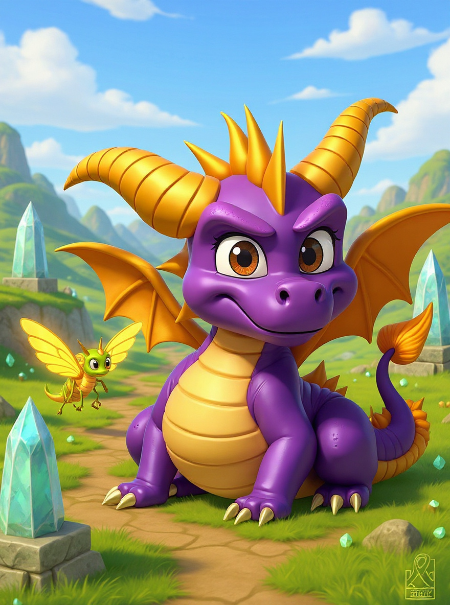 Spyro stands in the Artisans’ Realm, surrounded by dragons frozen in crystal under hard morning light. Sparx hovers nearby, visible gems scattered on the ground. The world feels empty and tense.