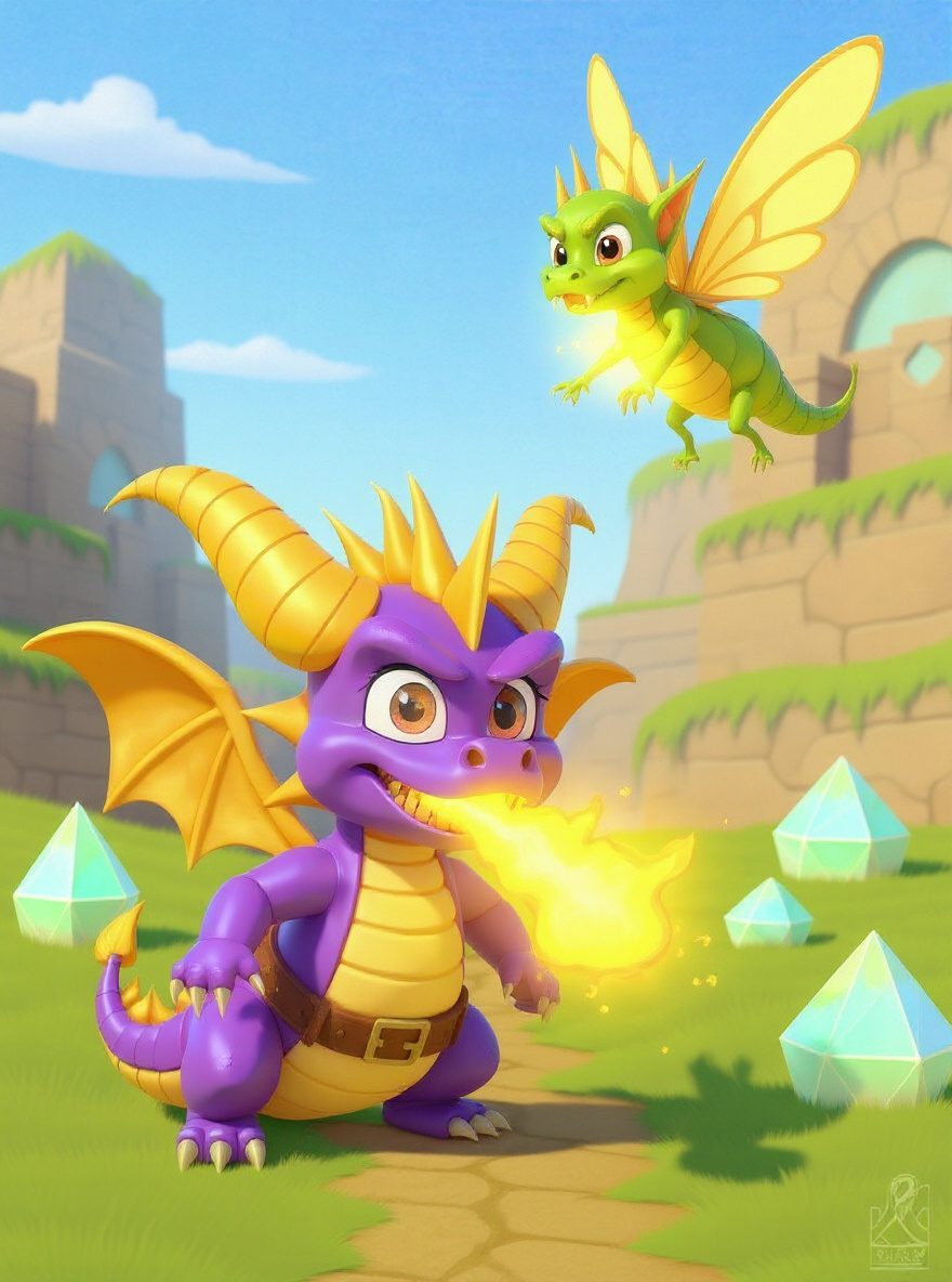 Spyro lowers his head, ready to charge, fire glowing in his throat. Sparx zips beside him.
