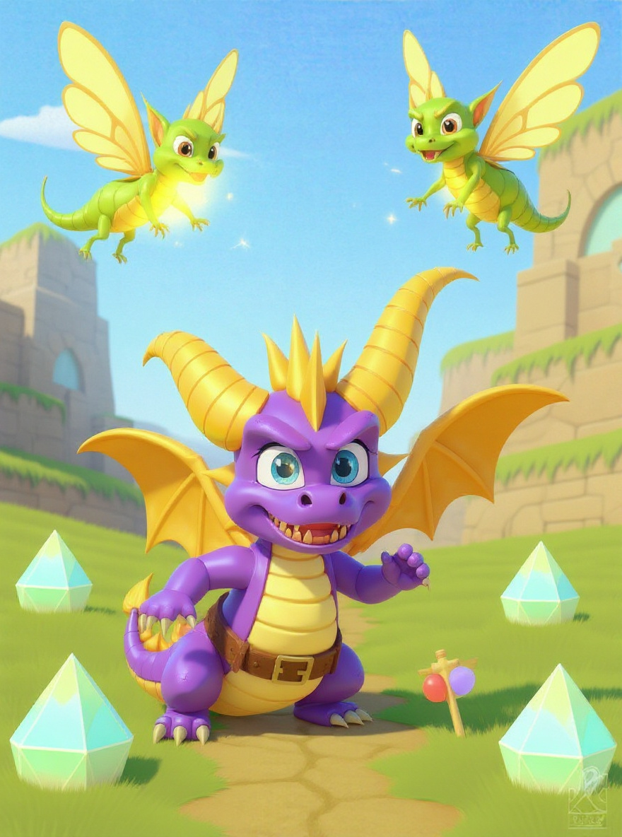 Sparx zips to collect the dropped gems, glowing brightly and circling Spyro.