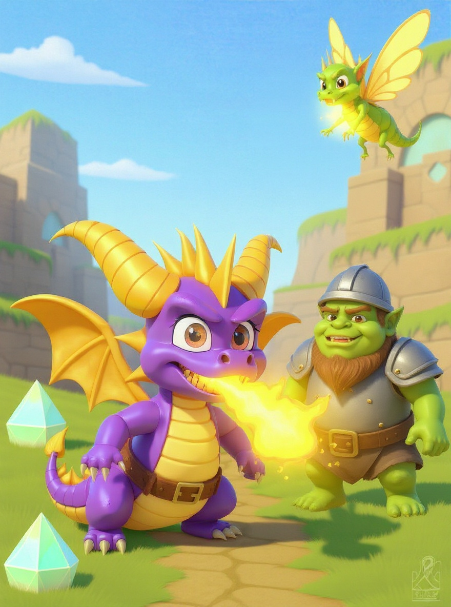 Spyro breathes fire, forcing the Gnorc Minion to drop the gems and run.