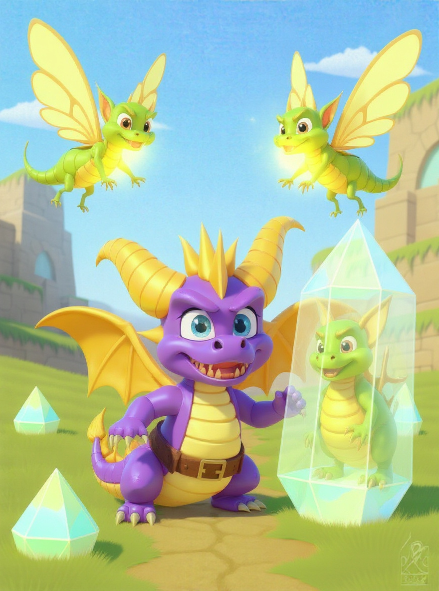 Spyro stands tall at Delbin’s crystal, sunlight glinting off the crystal and Spyro’s scales. Sparx hovers close, hopeful.
