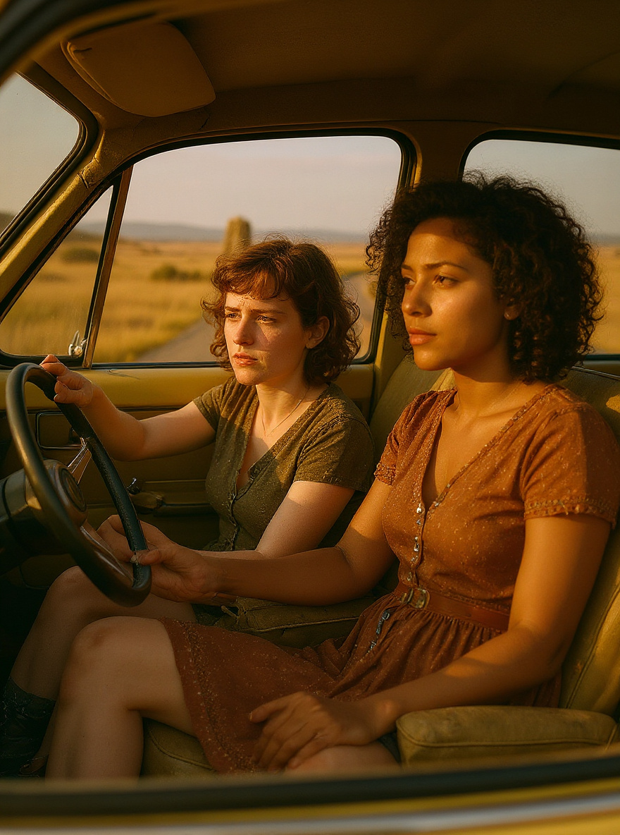 Inside the car, the girl settles into the passenger seat, bag on her lap; Evie watches her sidelong.