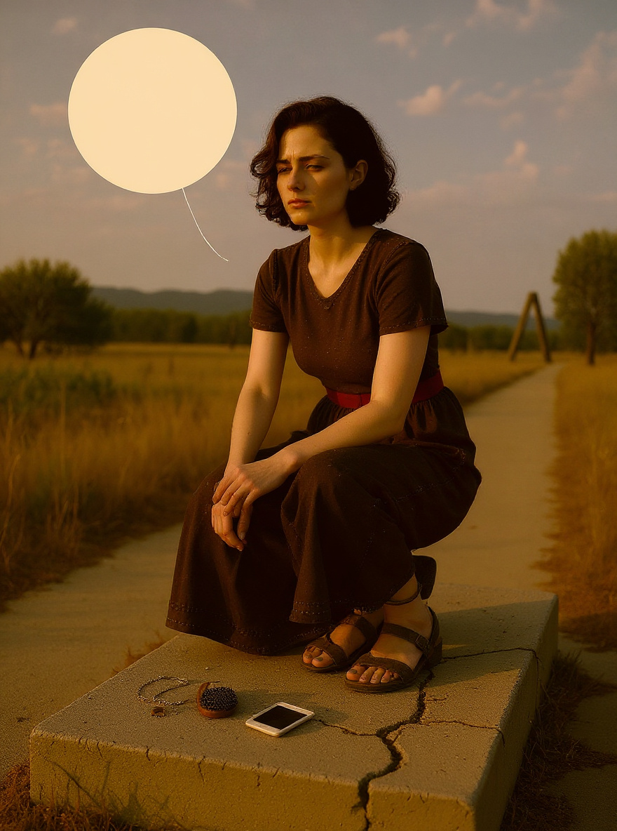 Evie stands at the edge of the ruined foundation, the three tokens neatly left behind as the sun blazes overhead.