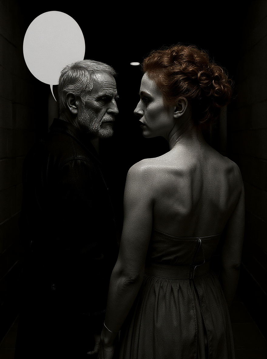 Fiona, from behind, turns her head, her red hair bright against the gray room.