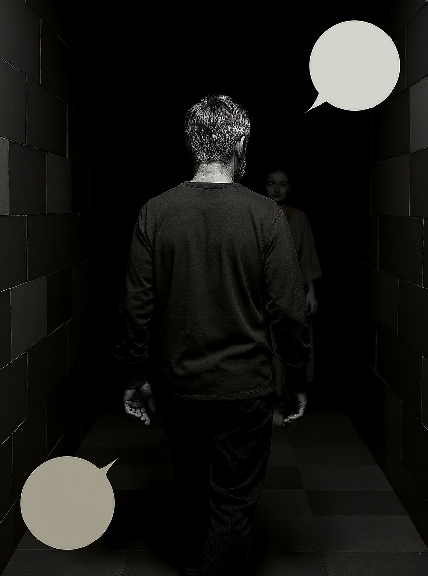 Jonas walks away down the corridor, shadow long, a faint glow left behind.