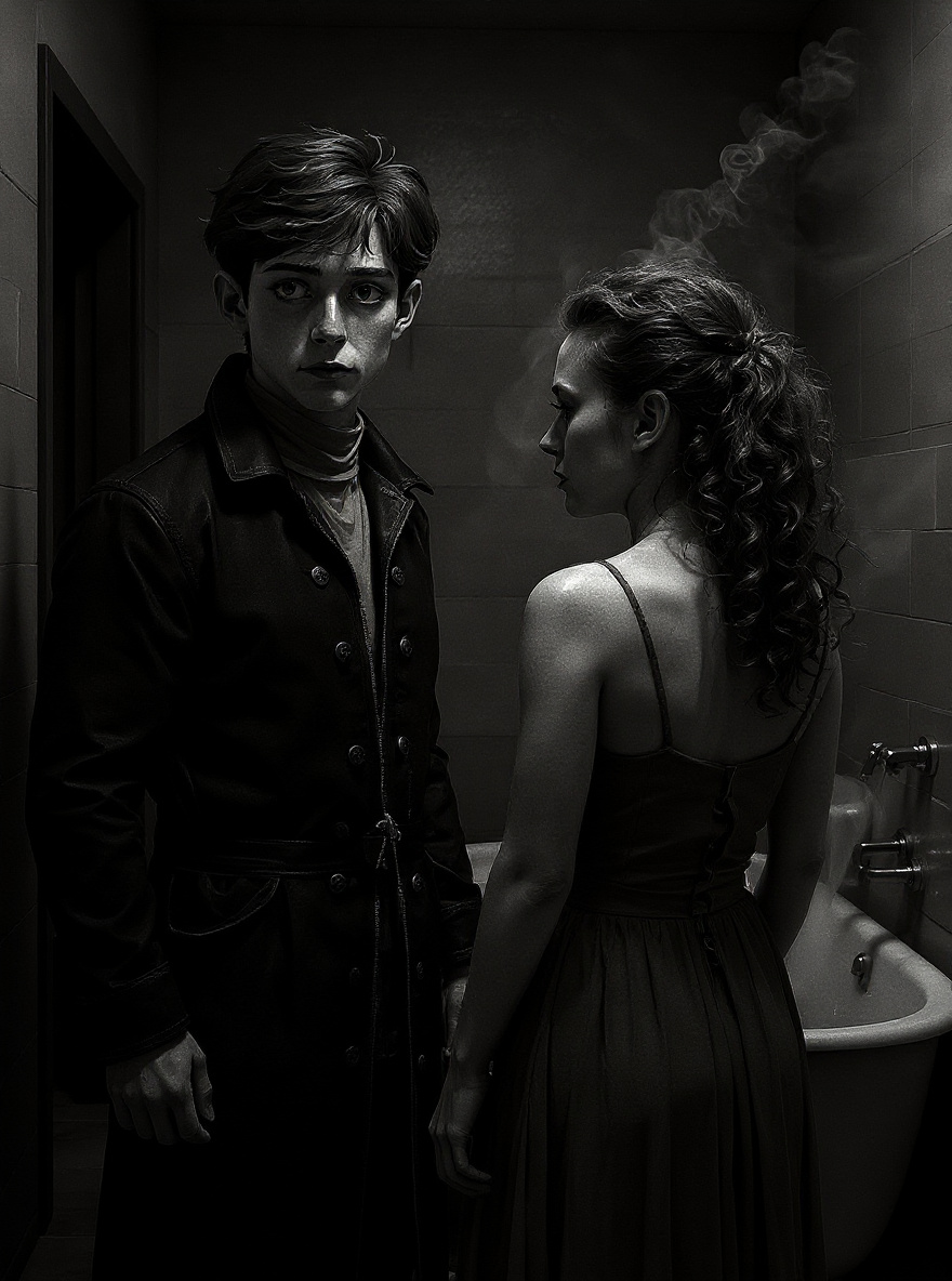 Jonas stands in a dim, high-contrast bathing chamber corridor. Beyond a half-open door, Fiona is seen from behind, standing by the bath, her bare back and red hair blazing with color in a monochrome world. Steam curls around her. The rest of the room and Jonas are in grayscale.
