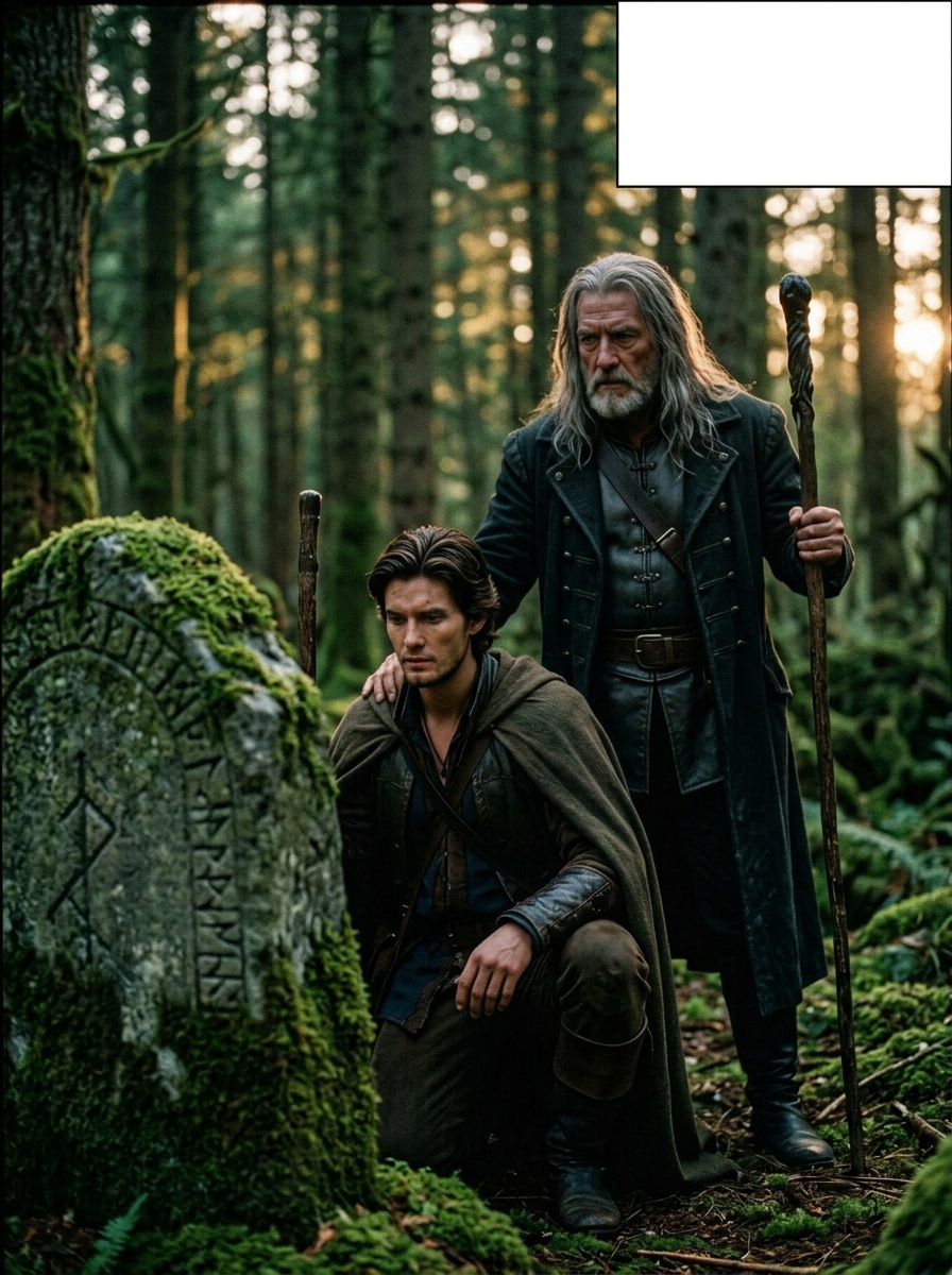 Tom kneels by a mossy rune-stone, studying it. Gregory stands behind, one hand on Tom's shoulder.
