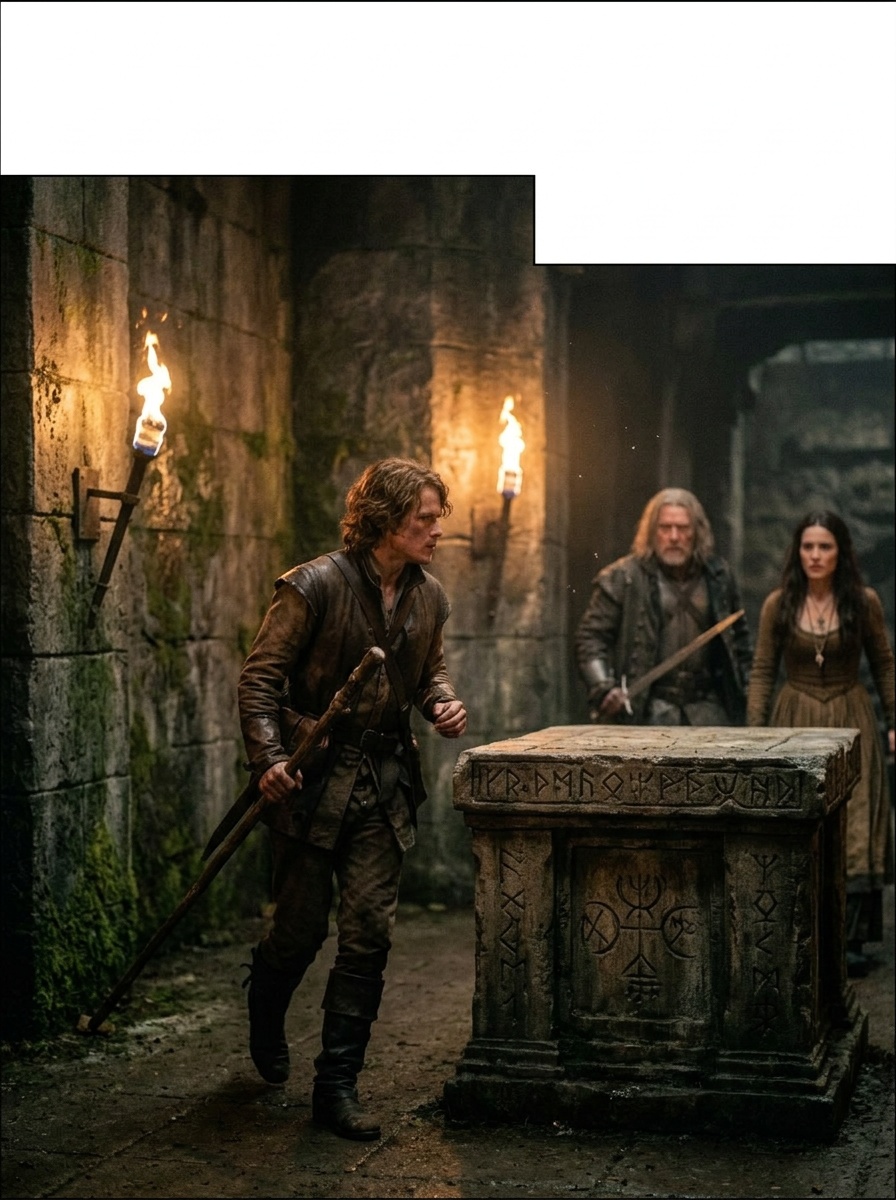 Tom slips down into the crypt, torchlight flickering over ancient runes as he approaches a stone altar.