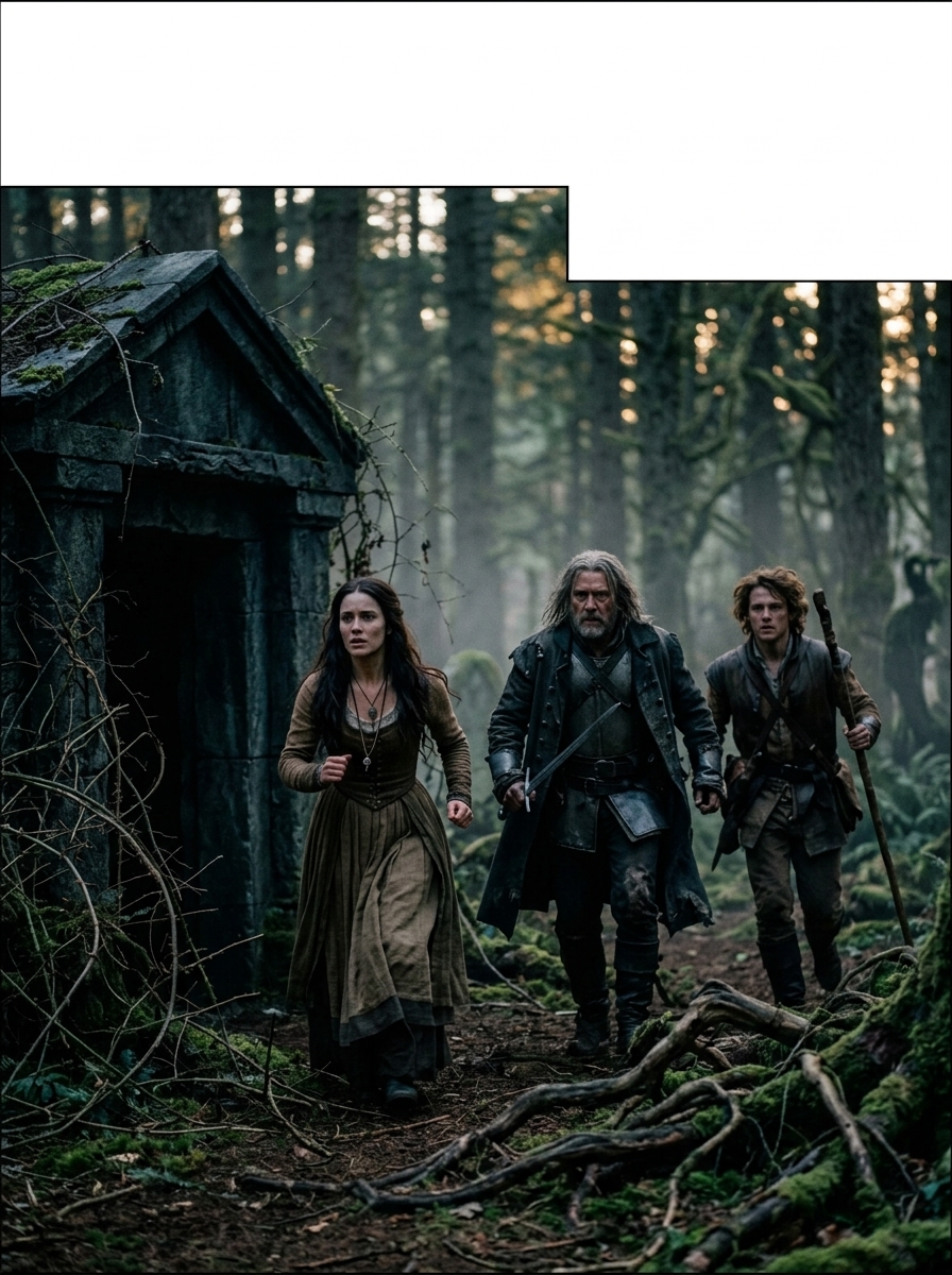 Gregory, Tom, and Alice hurry through roots and fog towards a bramble-choked crypt entrance.