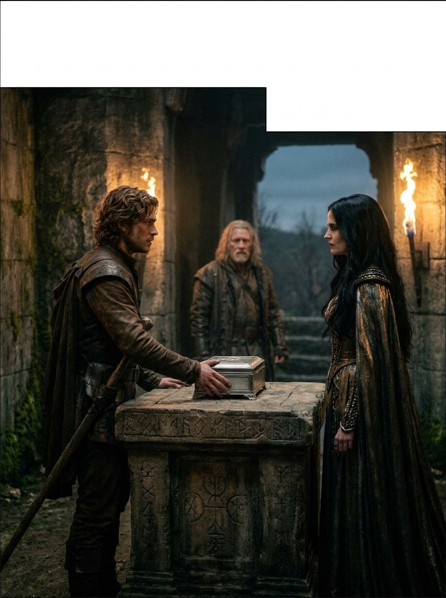 Tom stands at the altar, hand on the relic, meets Malkin’s gaze with steady defiance.