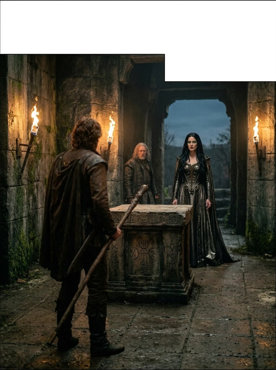 Mother Malkin, regal and menacing, materializes at the crypt entrance, eyes on Tom.