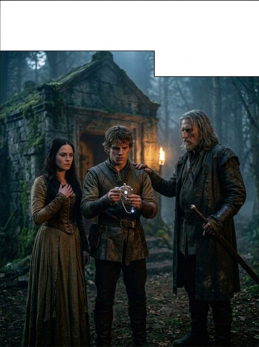 Outside the crypt, full night. Tom, Alice, and Gregory stand close, the relic gleaming in Tom’s hand. Alice looks at Tom with pride and concern.