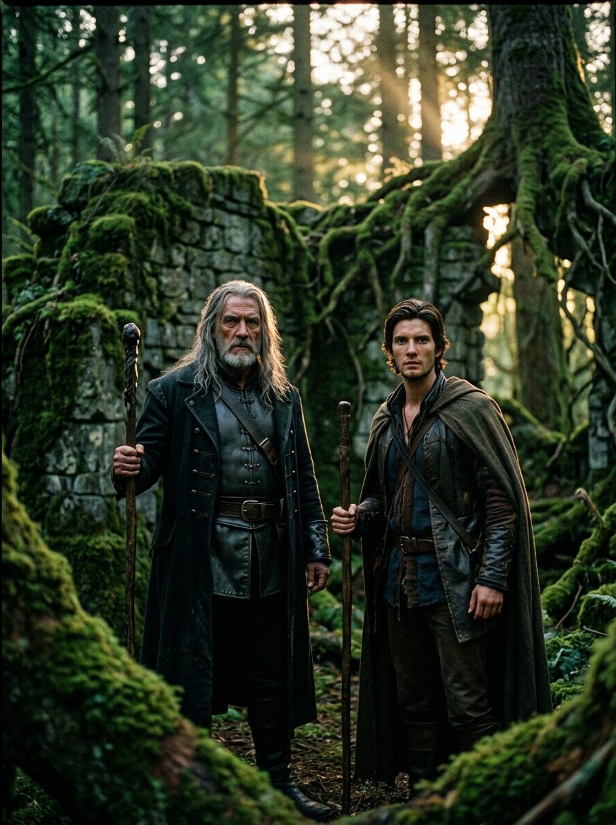 Twilight in a dense, mossy forest. Thomas and Gregory move quietly among ancient stone ruins, alert and ready, as shafts of golden light cut through the canopy.