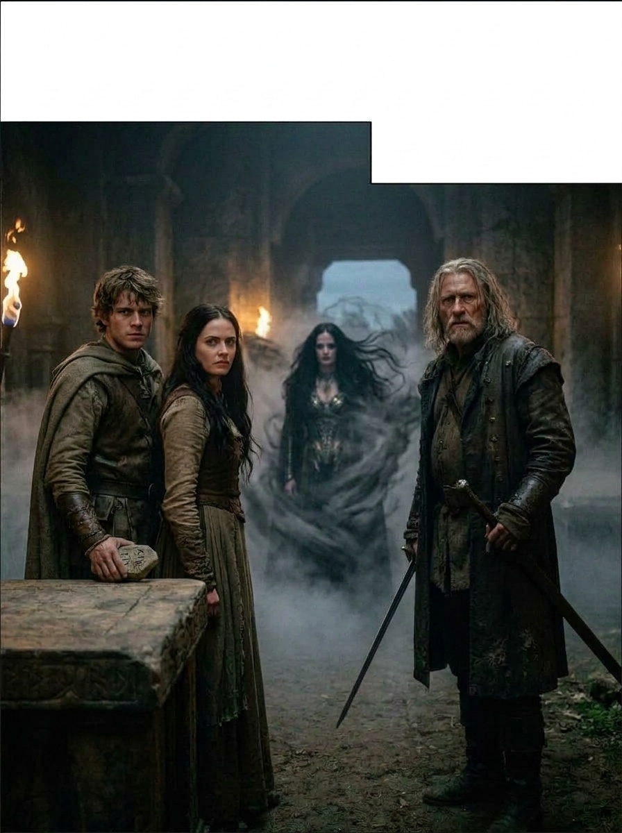 Mother Malkin, shrouded in shadow and fury, vanishes into swirling mist at the crypt entrance, leaving Tom, Alice, and Gregory standing together, the relic safe in Tom’s hand, dusk leaking in from above.