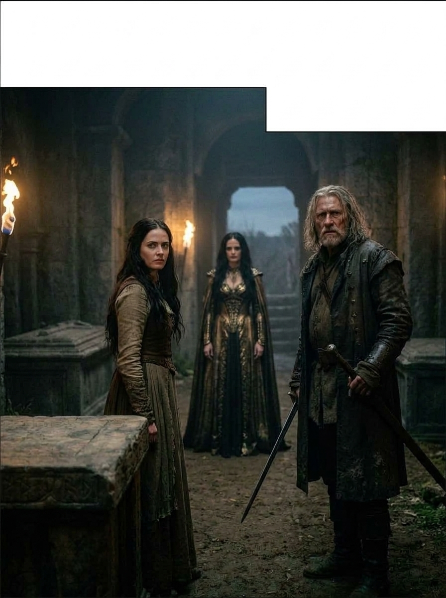 Behind Tom, Alice and Gregory stand shoulder-to-shoulder, protective, facing Malkin.
