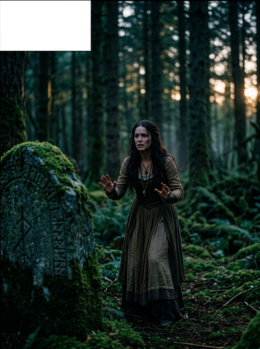 Alice Deane emerges from the trees, face urgent, hands lifted in warning.