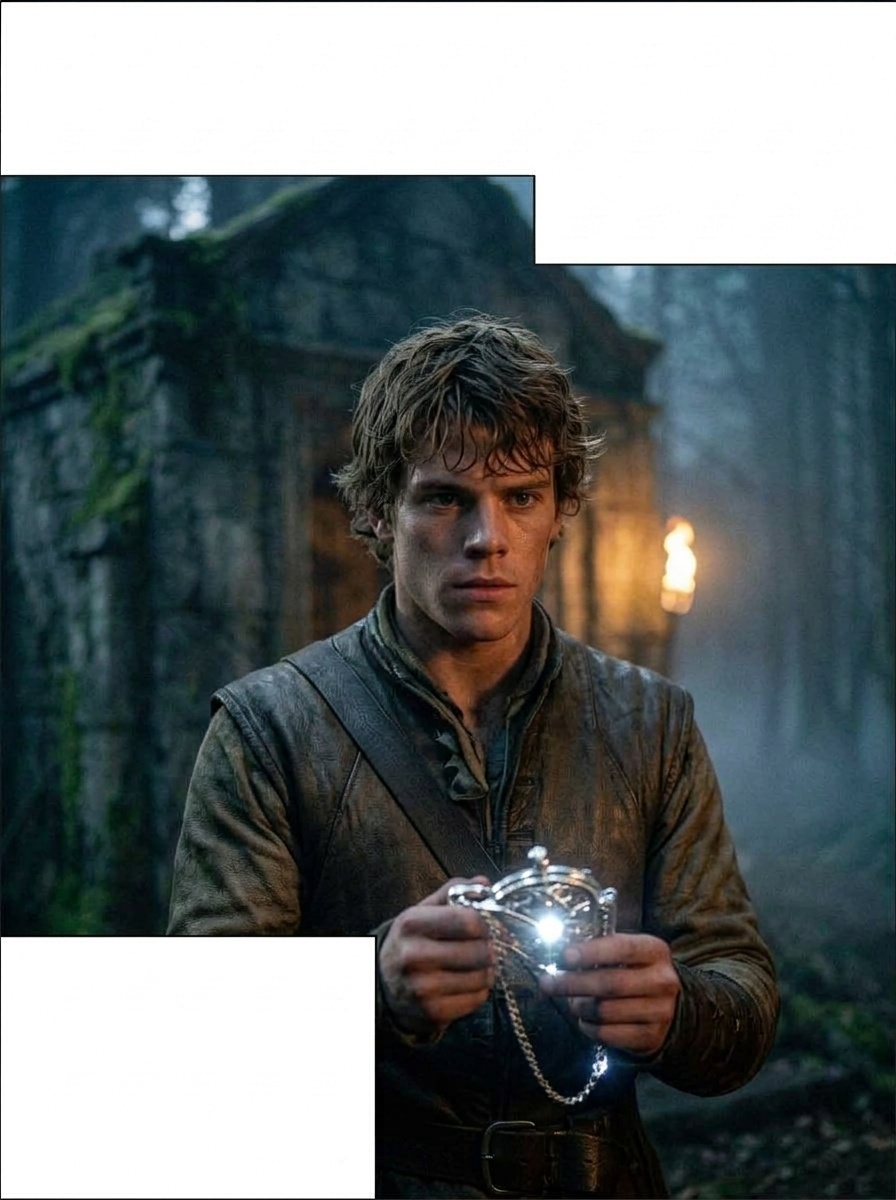 Tom looks down at the relic, moonlight glinting, determination on his face.