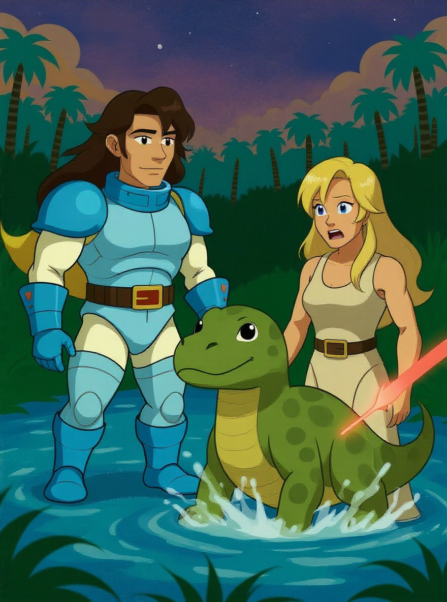 Rasp lunges at the diplodocus with the brain-box; Serena intercepts, knocking it into the water. They lock eyes.