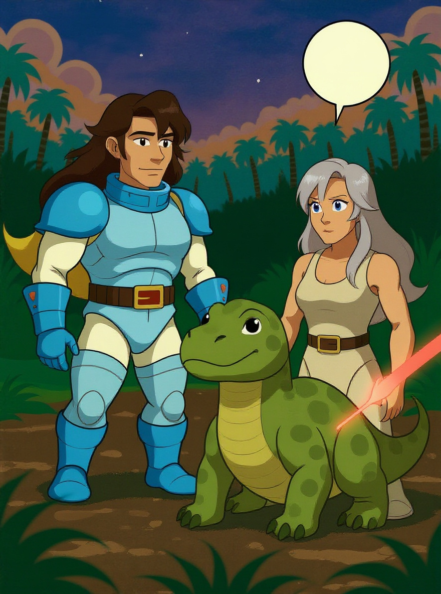 Questar slides down the bank, blaster drawn but not aimed at the dino, tension in his face.