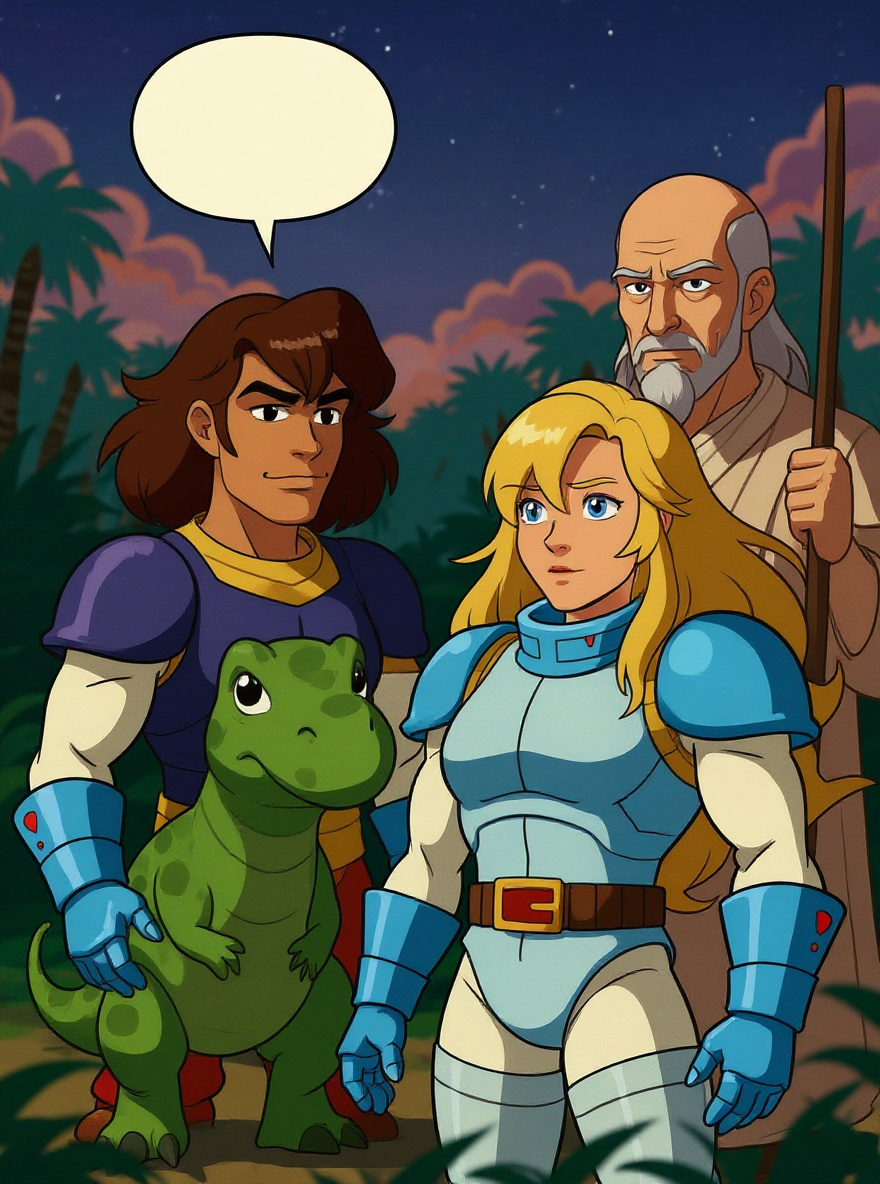 Questar and Serena confer near the river, the young diplodocus nuzzling close, Mind-Zei watching in the distance, his staff to the ground.