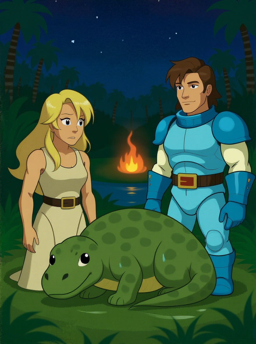 Night settles over the Valorian camp. Serena tends to the diplodocus by a fire; Questar stands at the river's edge, thoughtful.
