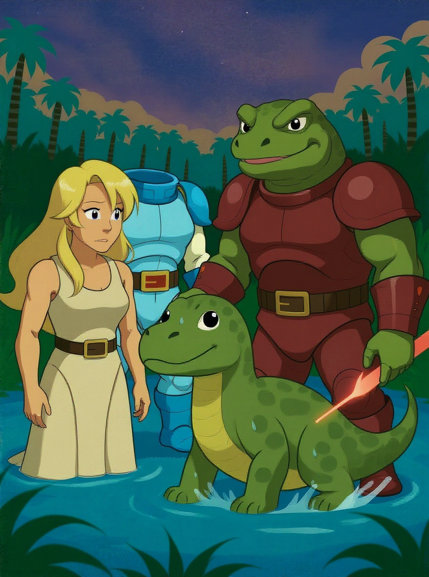 On the far bank, Serena and the diplodocus emerge, exhausted but free; Krulos, still mounted, glares from the opposite shore, lasers dying out as Rulons withdraw. Questar wades to meet Serena.