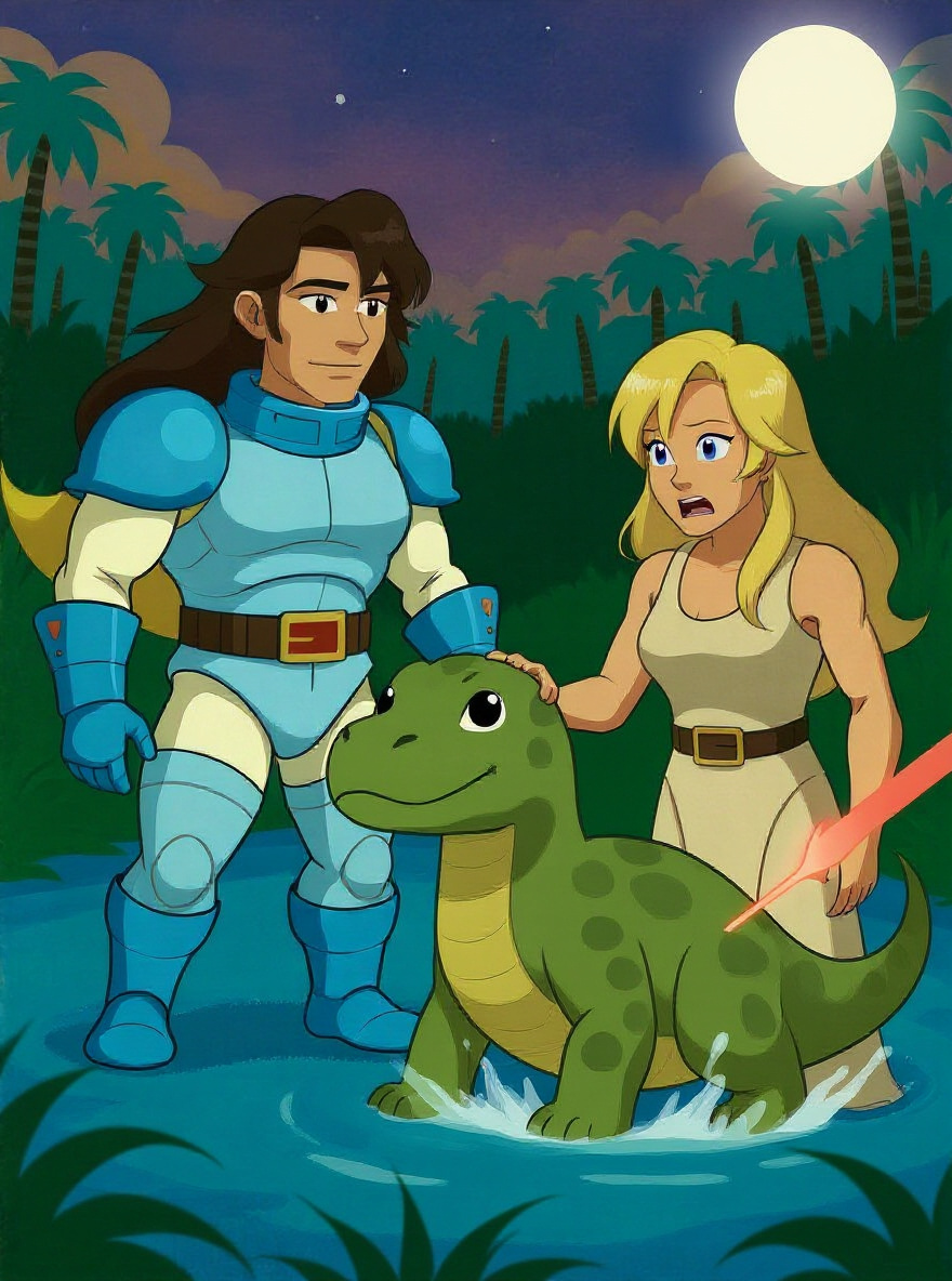 The diplodocus splashes into the river, Serena urging it onward while Questar fires into the water, shielding their escape with spray.
