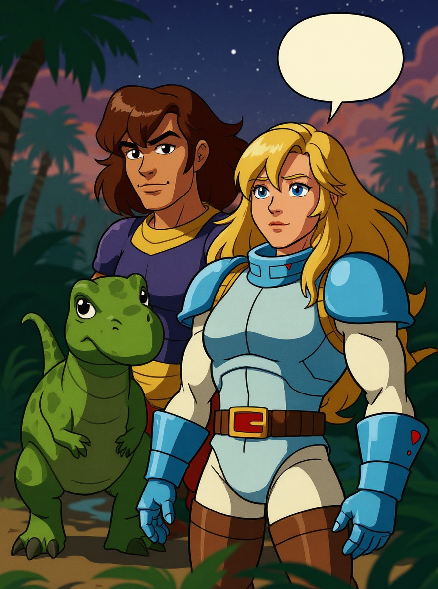 At Cretaceous dusk, a lush riverbank teems with dinosaurs; Questar stands beside a young diplodocus, Serena nearby. The jungle glows golden-green, and Valorians tend their herd while armored shadows lurk deeper in the trees.