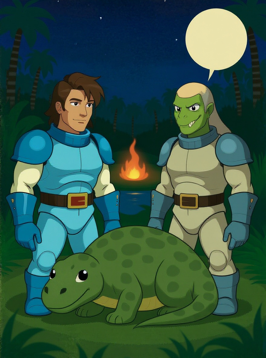 On a distant ridge, Rasp and Krulos confer in red light, plotting their next move as dinosaur silhouettes loom behind them.