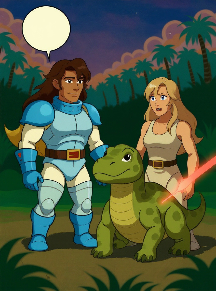 The young diplodocus is cornered at the riverbank; Serena stands between it and Rasp, who brandishes a brain-box.
