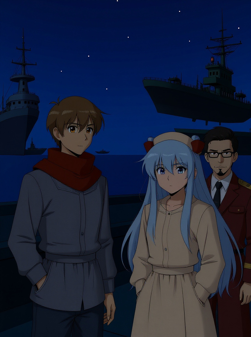 In orbit, the Soyokaze and Raalgon warships float in tense standoff; neither fires. The Soyokaze bridge crew watch as the Raalgon fleet begins to pull away. Stars and nebulae stretch in the background.