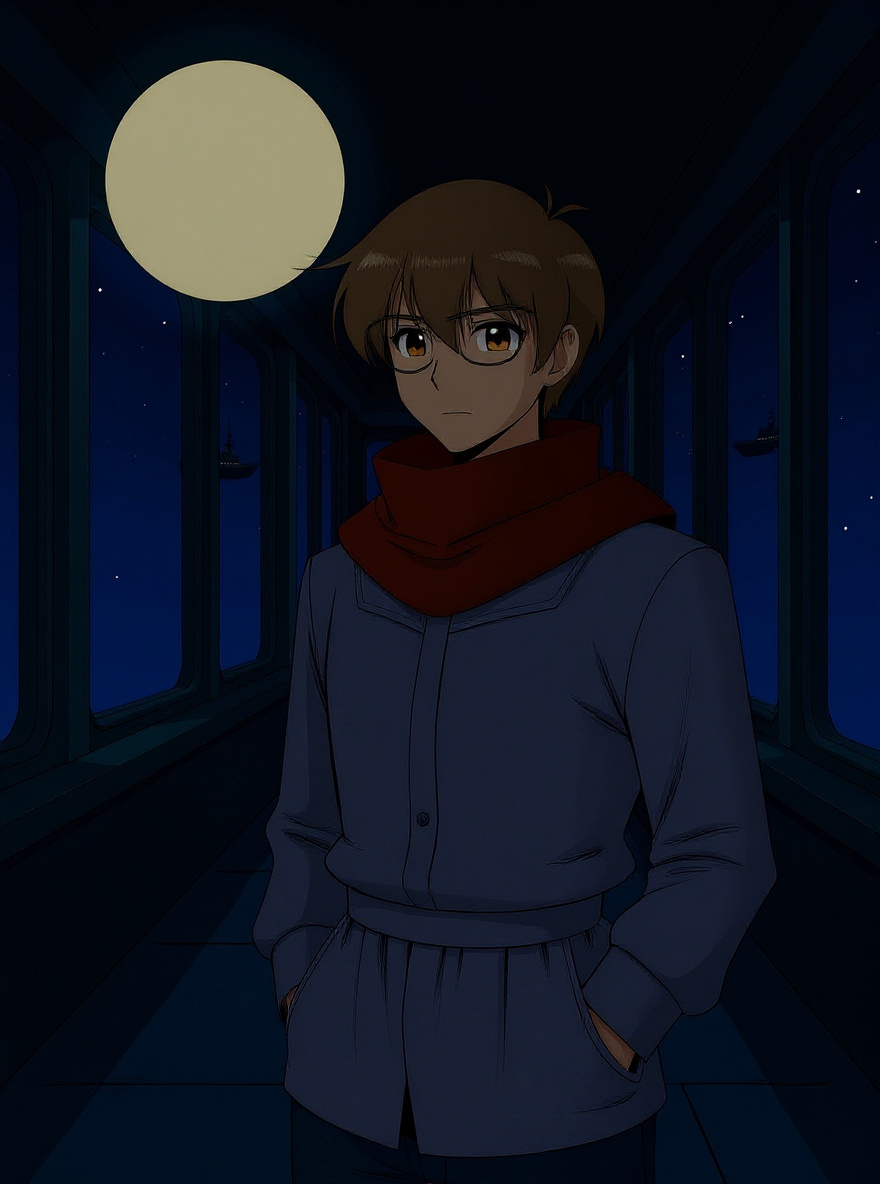 In a side corridor, Yamamoto writes on his clipboard, muttering to himself, still baffled but oddly hopeful. Background: Soyokaze's dim-lit halls.