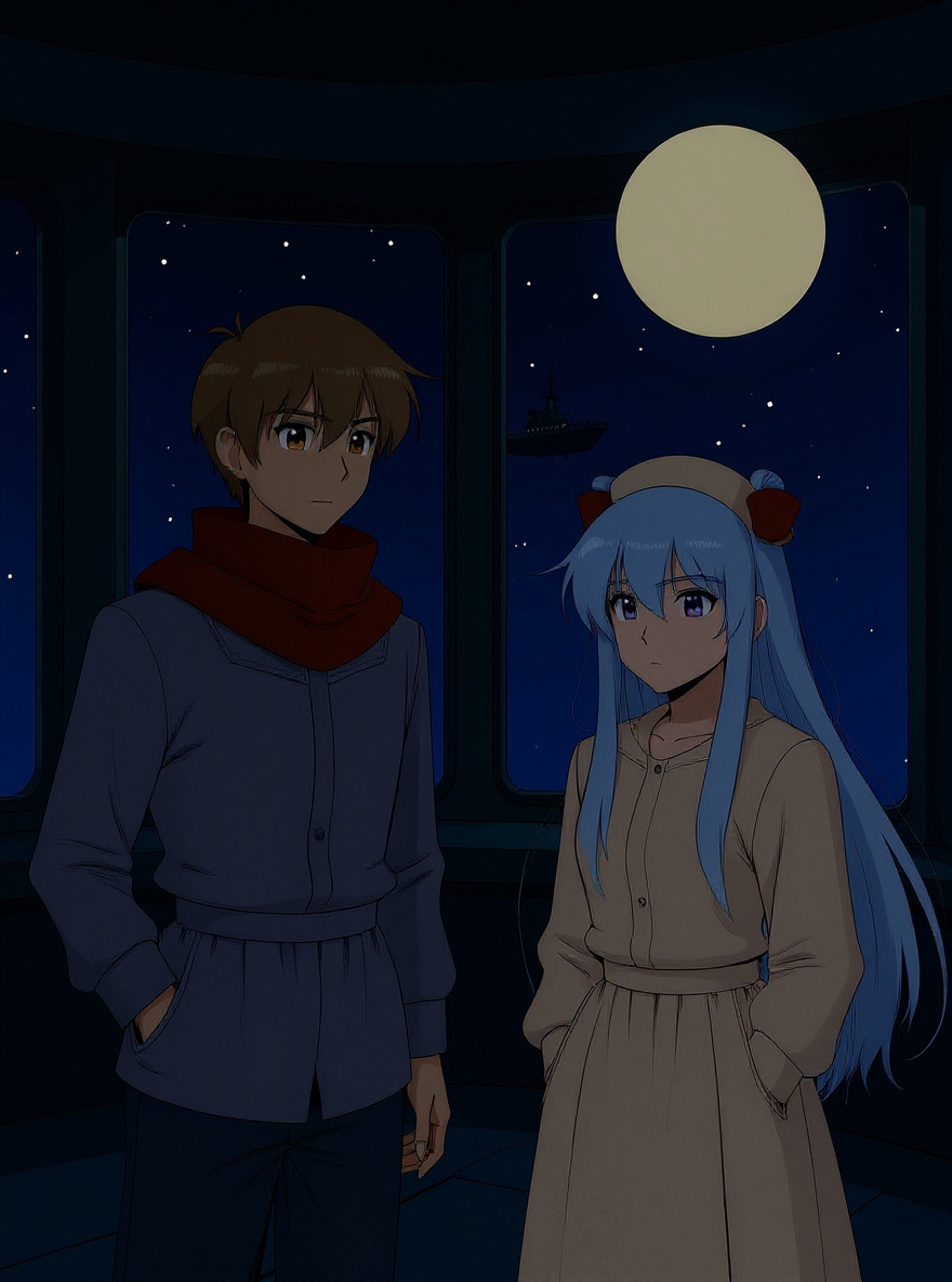Back on the Soyokaze, Tylor leans at the viewport with Harumi beside him, both gazing at the stars. Harumi’s expression is gentle, Tylor’s is quietly content.